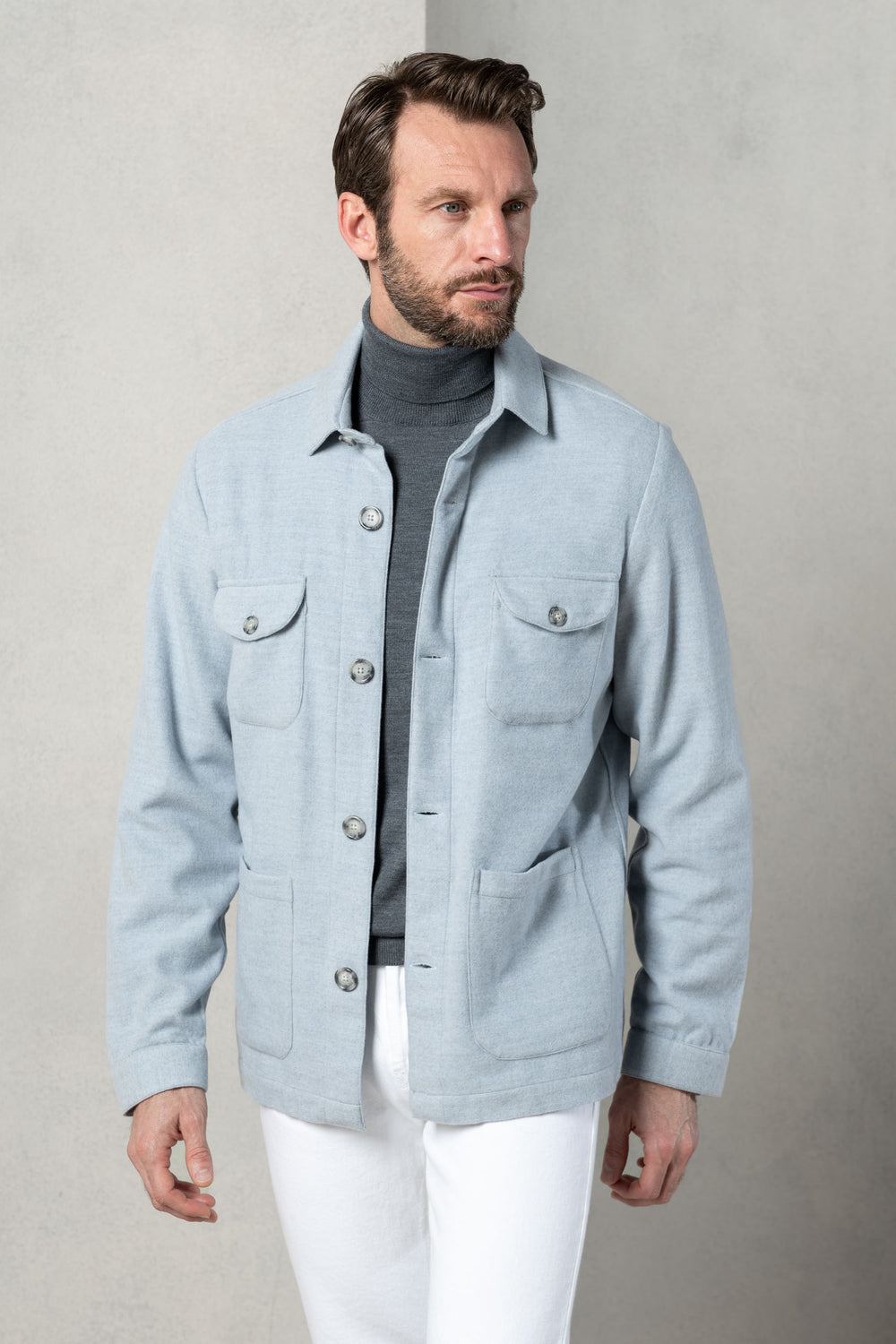 Veste safari bleu clair en flanelle Super 180s – Made in Italy