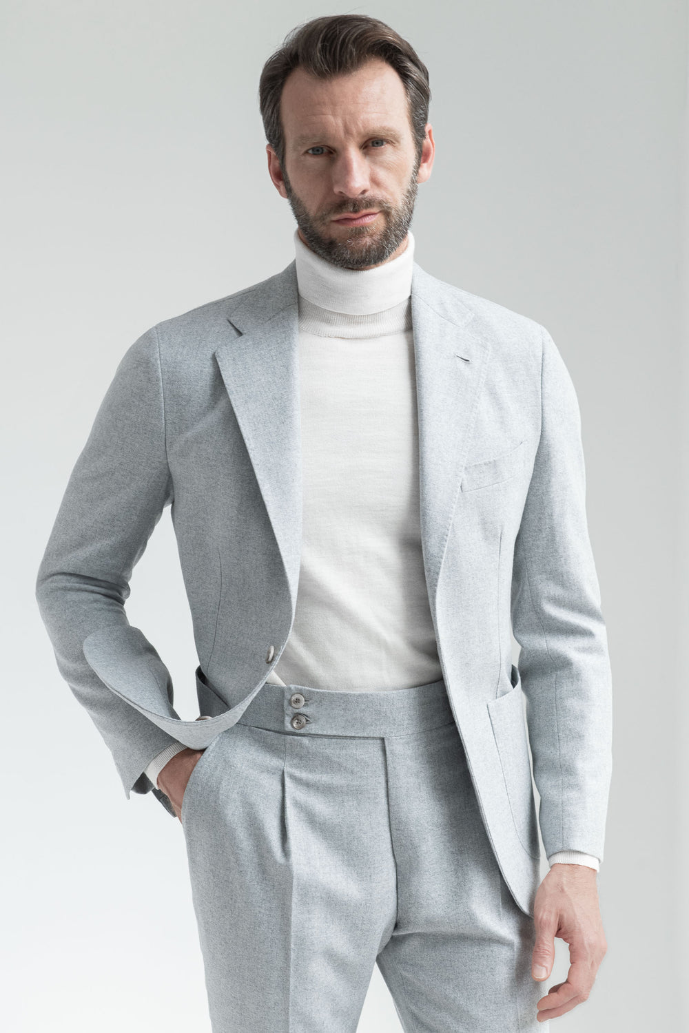 Light blue herringbone wool and cashmere suit – Made in Italy