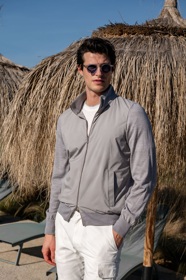 Blouson aviateur en tricot et nylon gris clair – Made in Italy