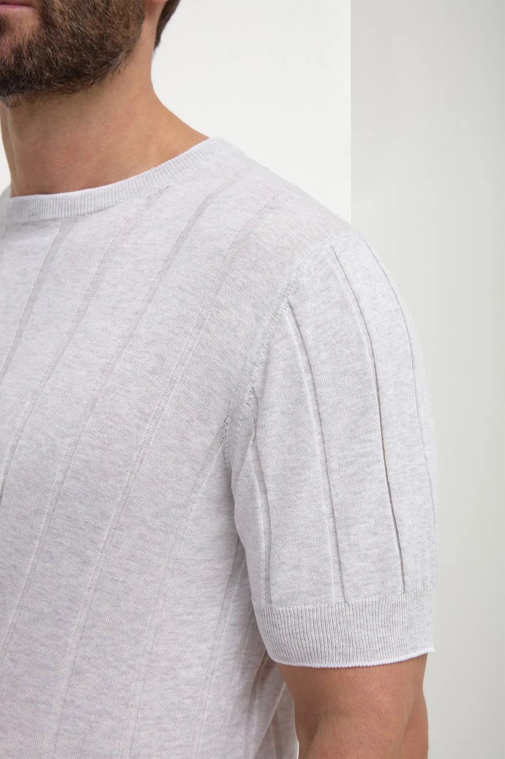 High-end light grey ribbed t-shirt, Italian light grey ribbed shirt, luxury men’s ribbed t-shirt, premium Italian ribbed cotton t-shirt, elegant men’s casual t-shirt, handcrafted Italian t-shirt, classic light grey ribbed tee, stylish ribbed t-shirt, t-shirt côtelé gris clair fabriqué en Italie, t-shirt italien côtelé gris clair, t-shirt de luxe pour homme, t-shirt en coton côtelé italien, t-shirt élégant gris clair, t-shirt in cotone grigio chiaro a coste fatto in Italia, t-shirt elegante italiano