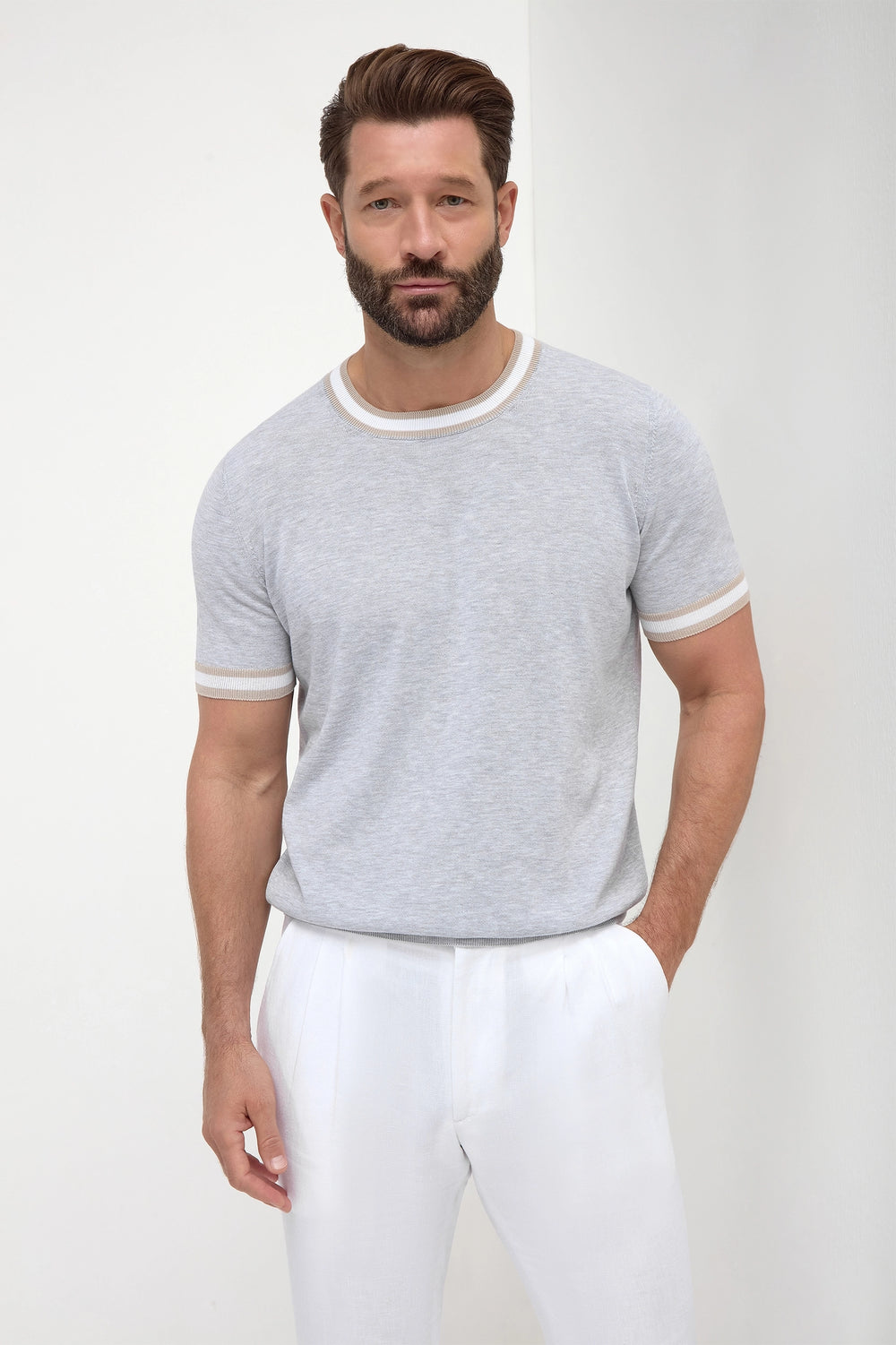 Light grey striped collar detail knitted t-shirt - Made in Italy