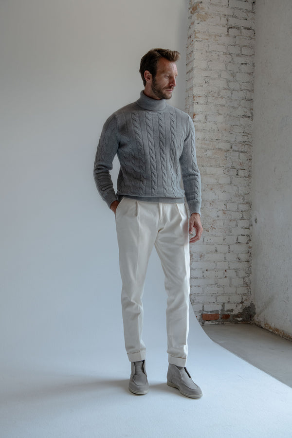 Mid grey cable knit turtleneck – Made in Italy