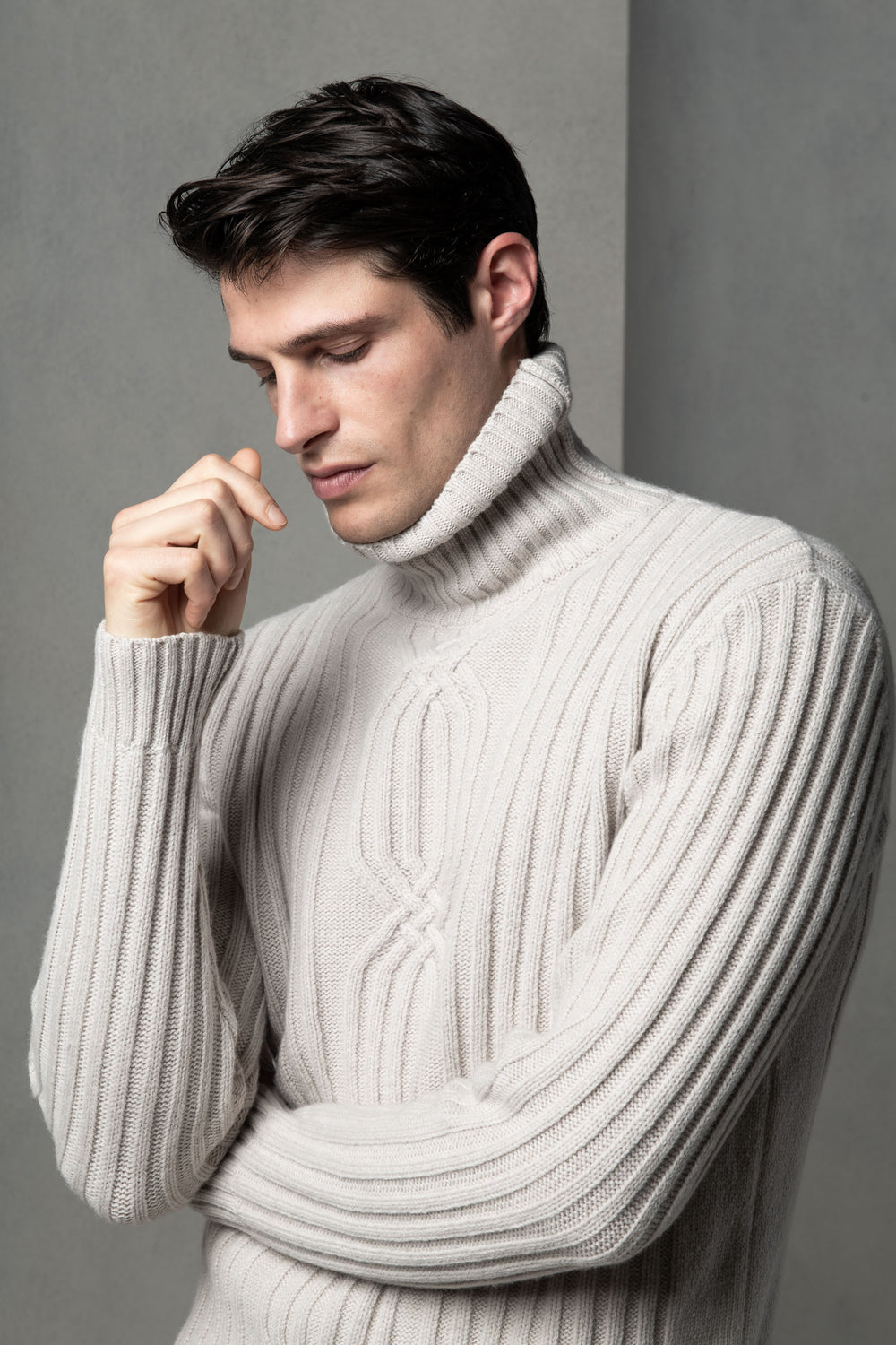 Beige jacquard patterned wool & cashmere turtleneck – Made in Italy