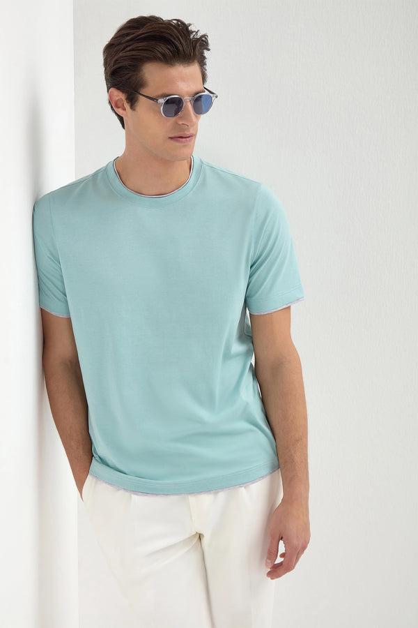 Mint cotton t-shirt with collar detail - Made in Italy