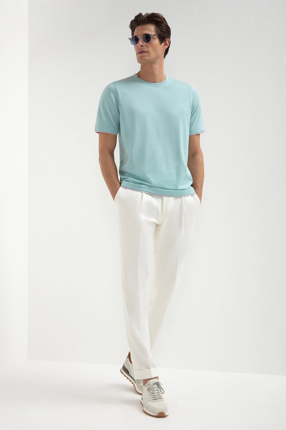 Mint cotton t-shirt with collar detail - Made in Italy