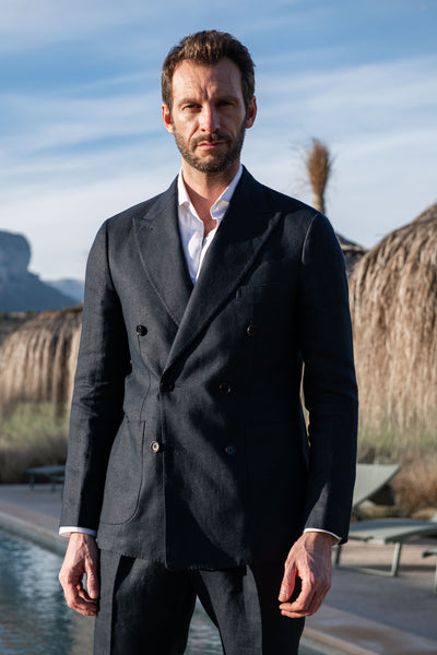 Navy double breasted linen jacket Made in Italy