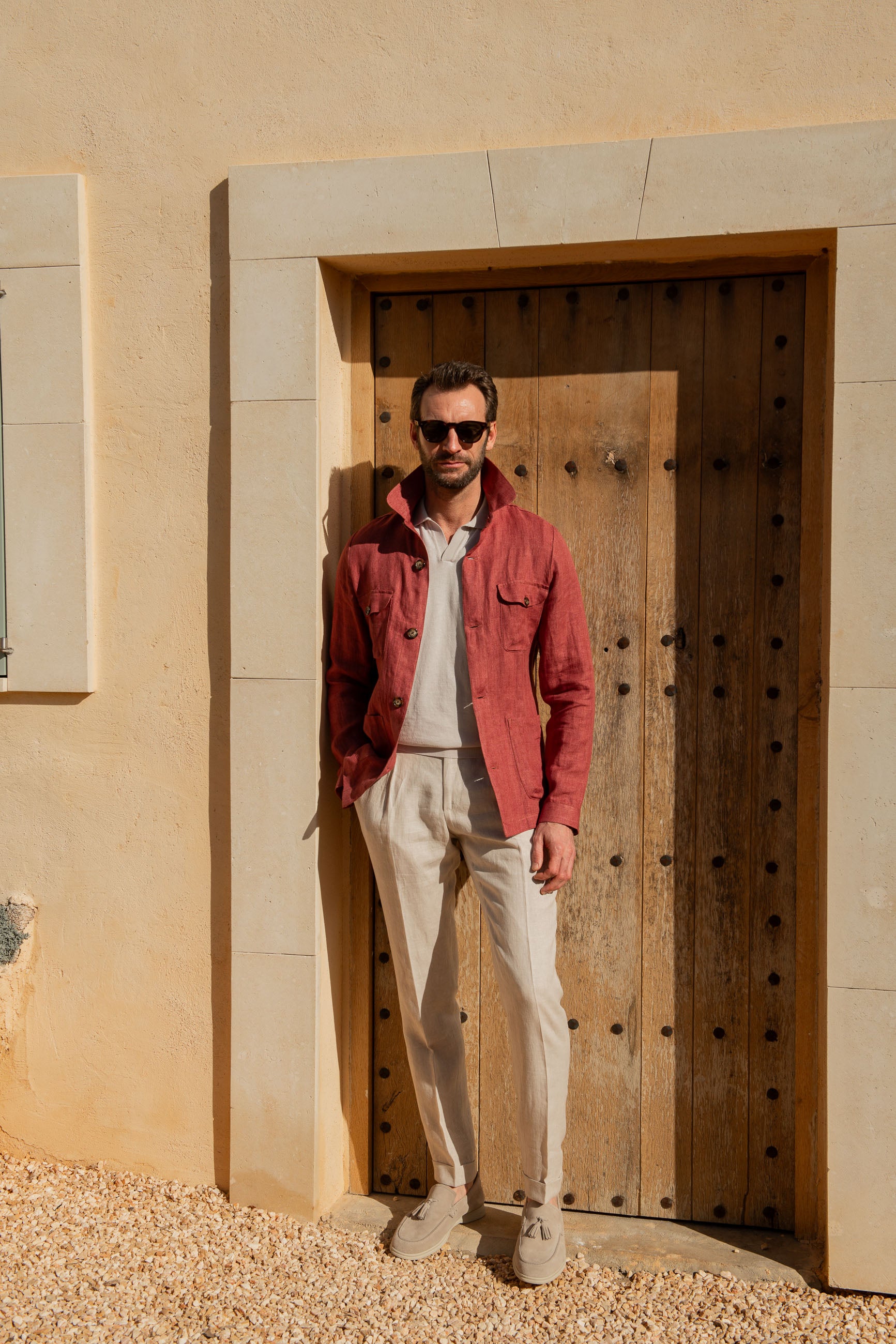 Brown Linen jacket with beige linen pants and shirt