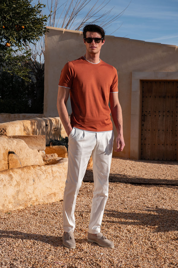 Rusty cotton t-shirt with collar detail - Made in Italy