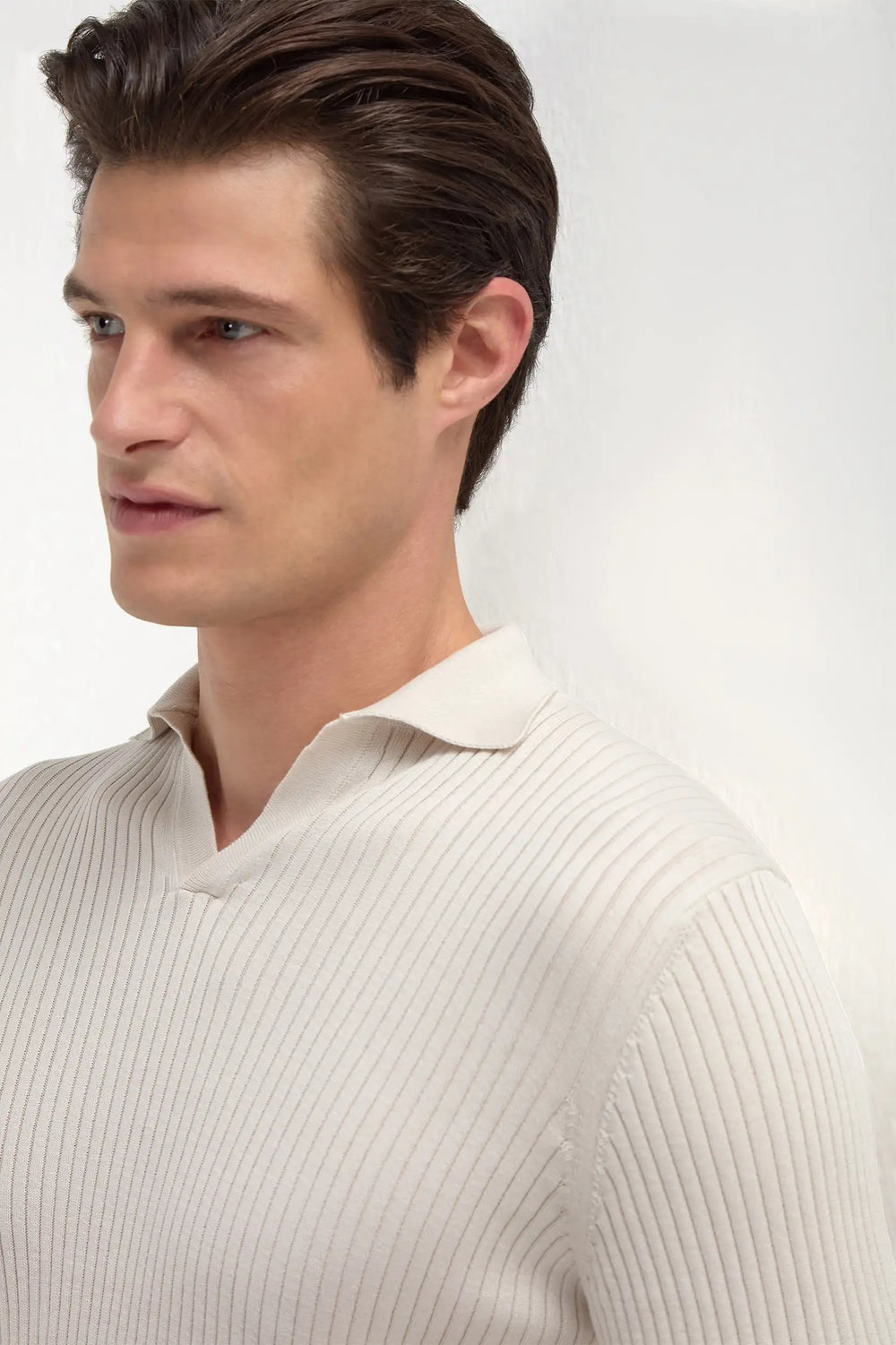 Stone thin rib long sleeve polo - Made in Italy