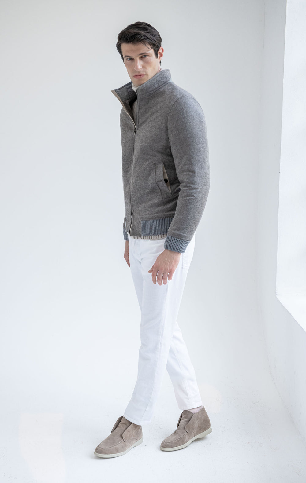 Taupe down bomber in wool & cashmere – Made in Italy