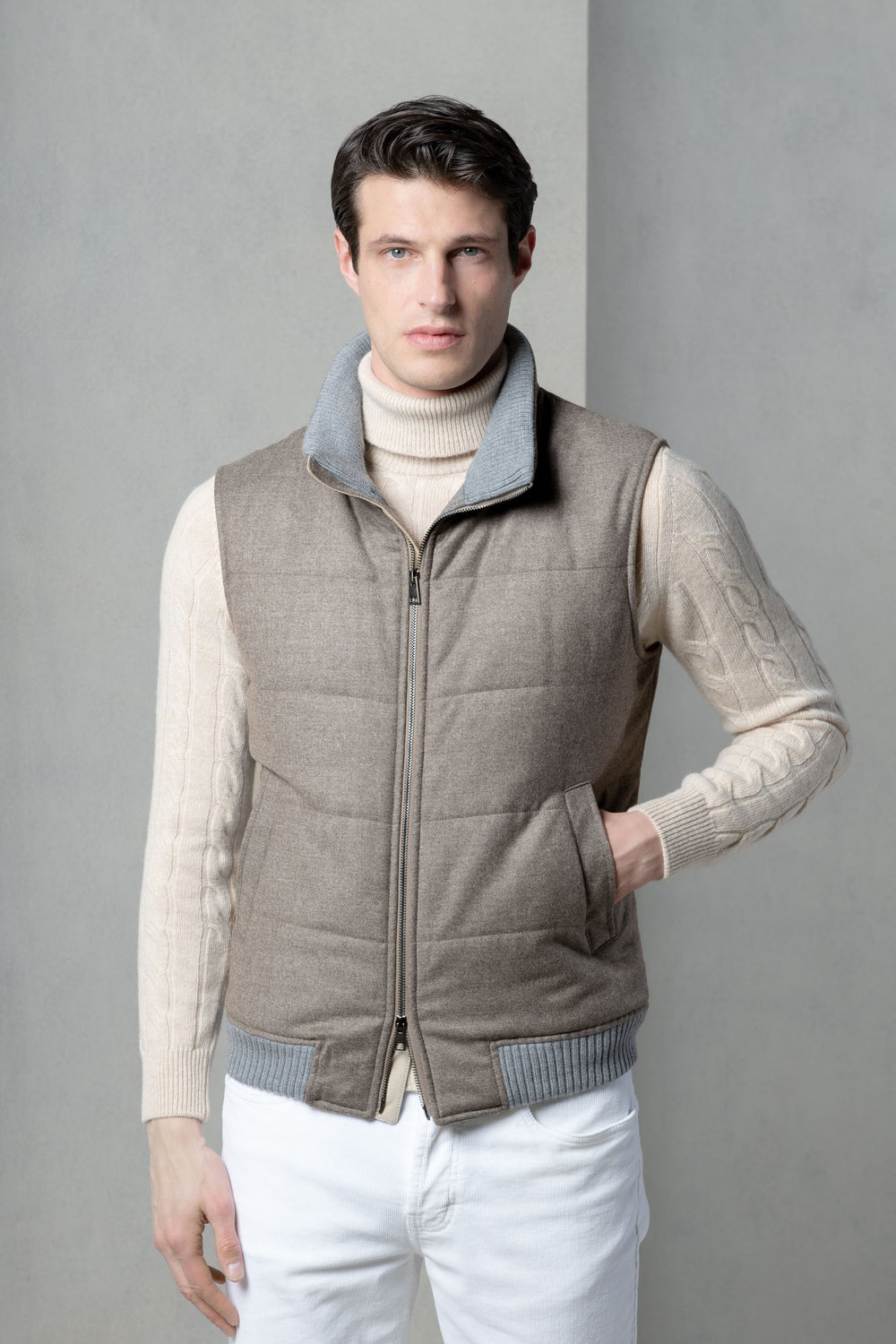 Taupe down vest in Loro Piana wool & cashmere – Made in Italy