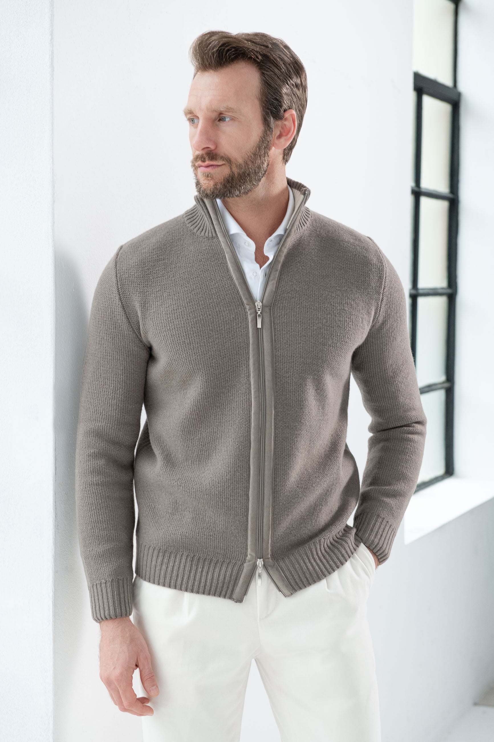 Taupe honeycomb cashmere blend full zip – Made in Italy