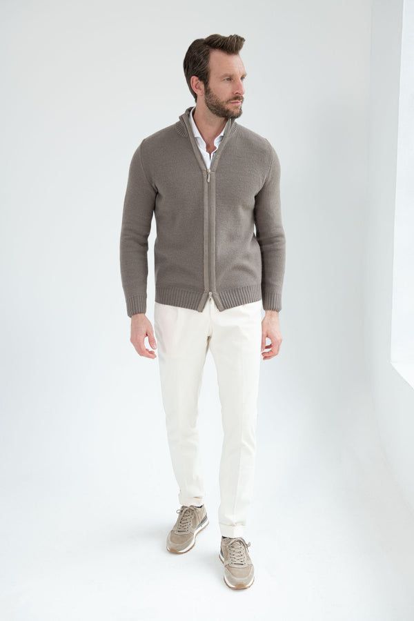 Pull zippé en mélange de cachemire nid d'abeille taupe - Made in Italy