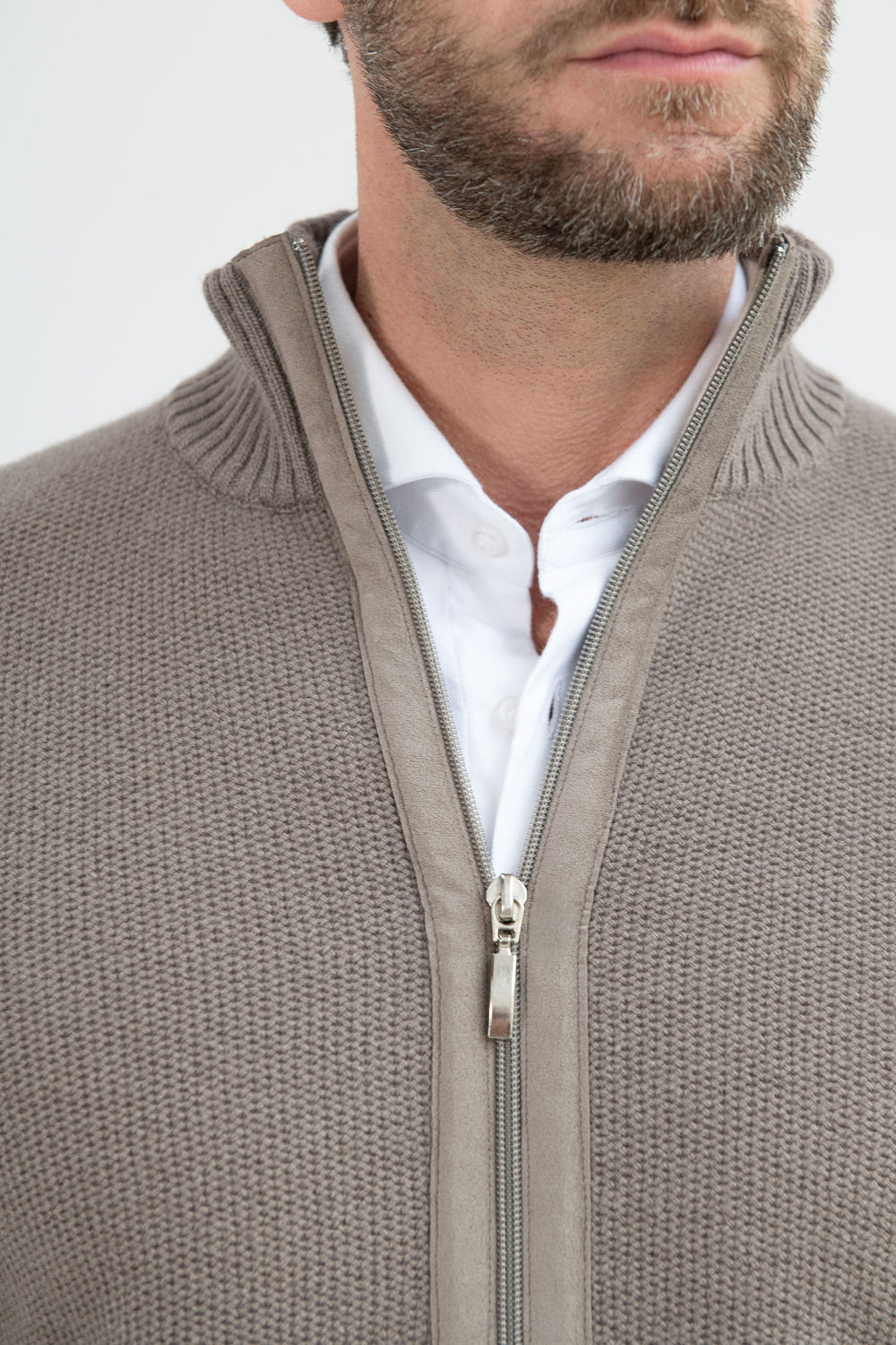 Zip intera in misto cashmere nido d'ape tortora – Made in Italy