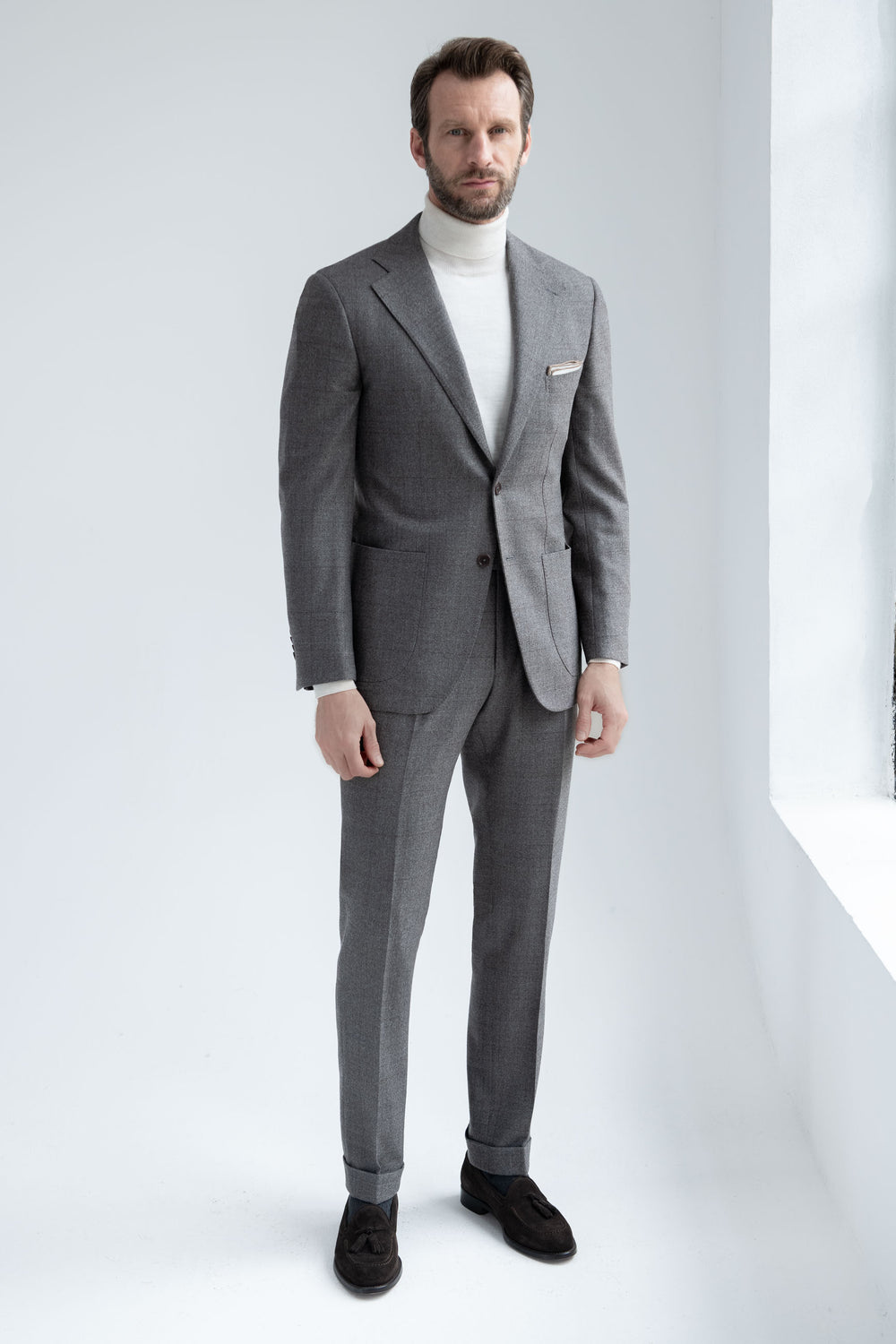 Taupe Prince of Wales suit in Loro Piana wool - Made in Italy