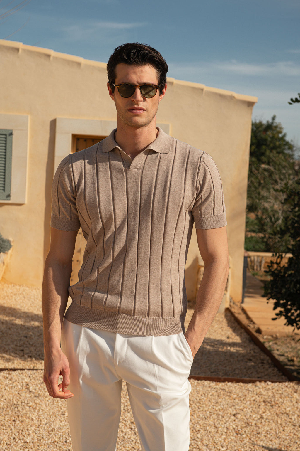 Taupe ribbed knit polo - Made in Italy