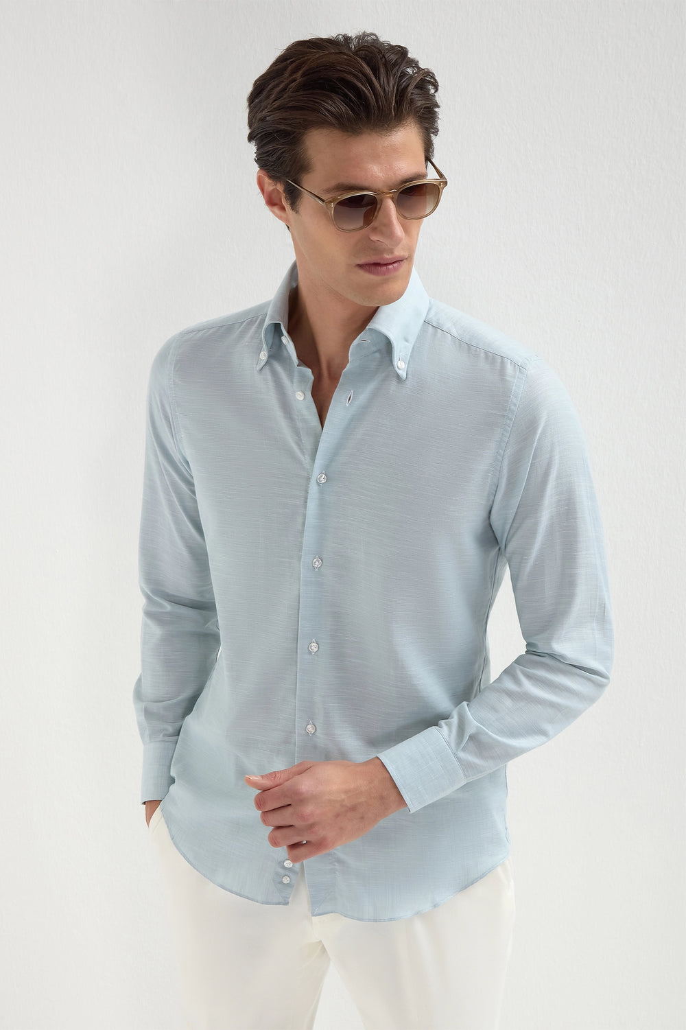 Chemise à col boutonné en chambray couleur vert d'eau - Made in Italy