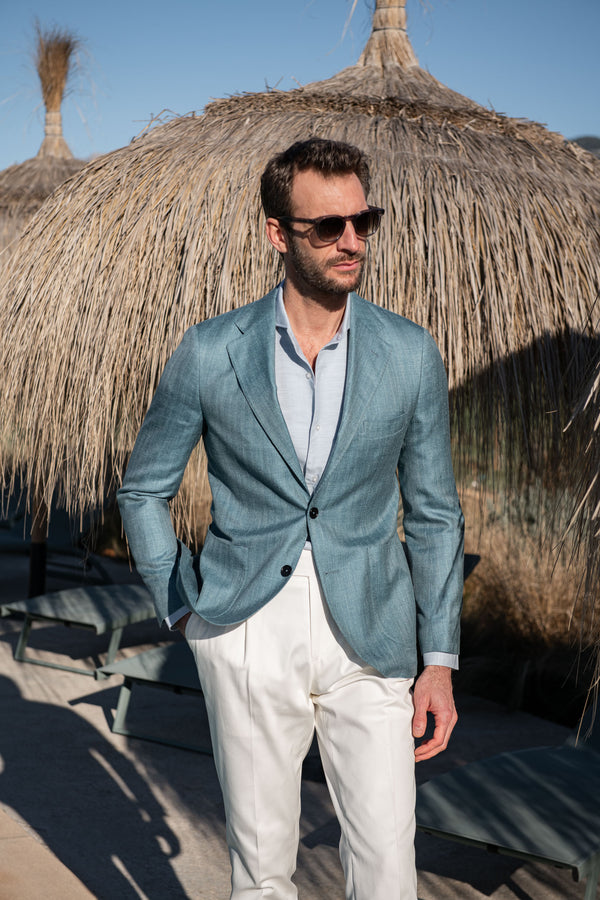 Water Green Jacket, Wool and Silk Jacket, Water Green Wool Jacket, Herringbone Jacket, Italian Water Green Summer Jacket, Silk Jacket, Giacca verde acqua, giacca in lana e seta, giacca in lana verde acqua, giacca a spina di pesce, giacca estiva verde acqua, giacca in seta, Veste vert d'eau, veste en laine et soie, veste en laine vert d'eau, veste à chevrons, veste d'été italienne vert d'eau, veste en soie, 