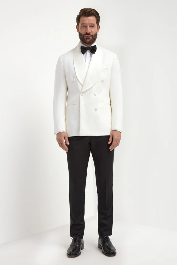 White Double-Breasted Tuxedo Jacket, men's white tuxedo jacket, elegant white evening jacket, formal white double-breasted jacket, breathable tuxedo jacket, veste de smoking blanche croisée, veste élégante de soirée pour hommes, veste formelle blanche croisée, giacca da smoking bianca doppiopetto, giacca elegante da sera, giacca formale bianca doppiopetto.