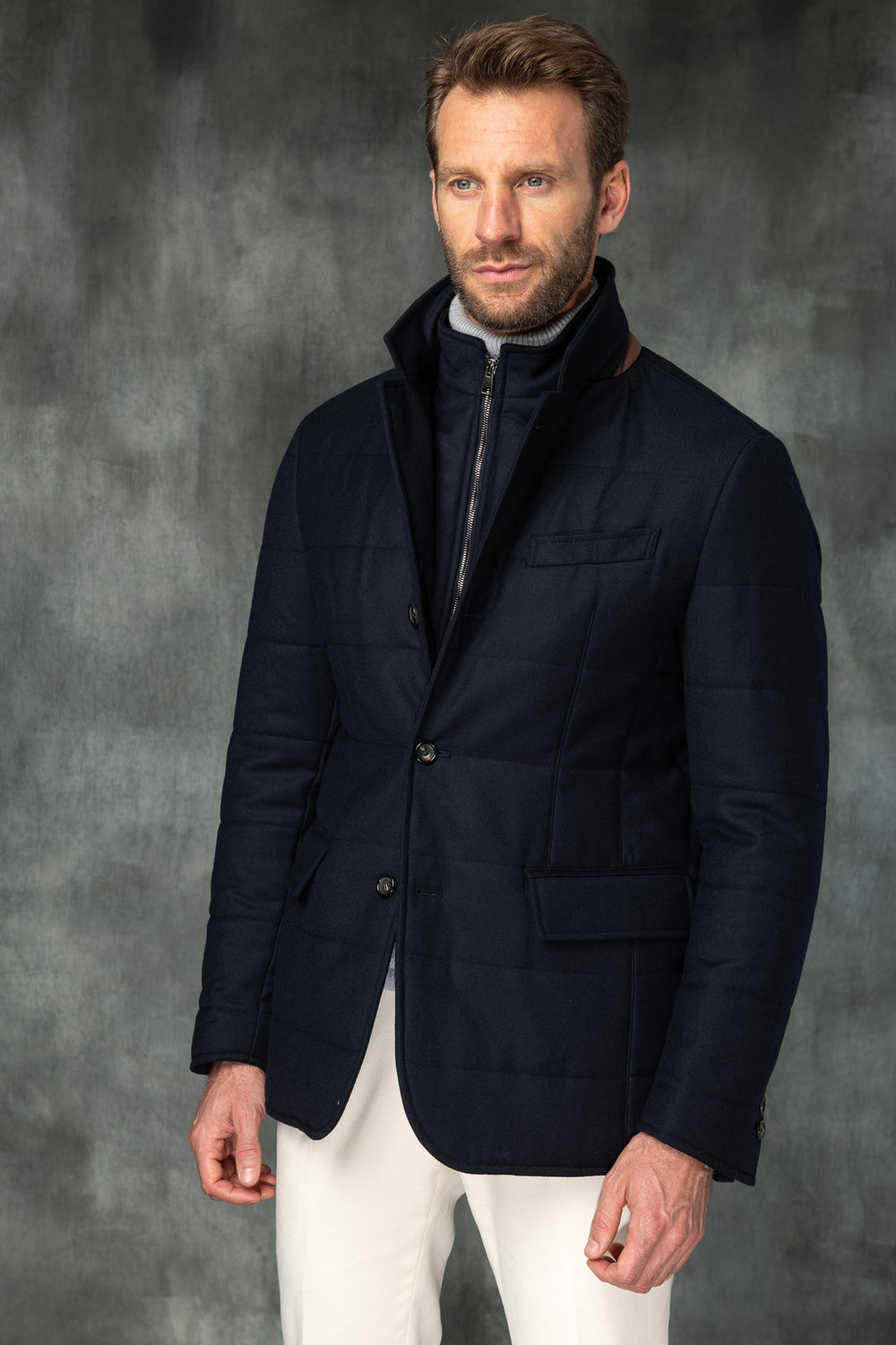 Blue down jacket in wool & cashmere – Made in Italy