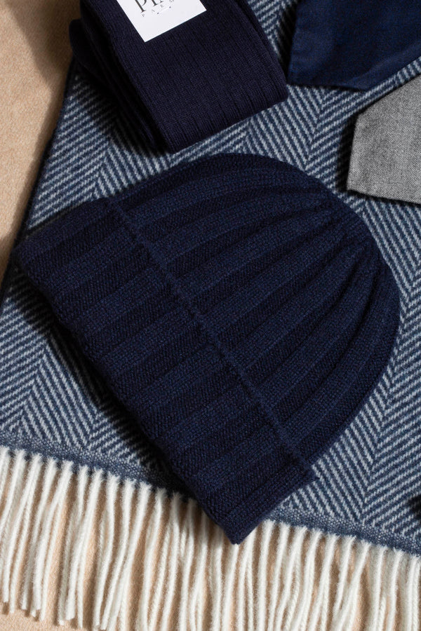 Berretto in maglia a coste di cashmere blu - Made in Italy