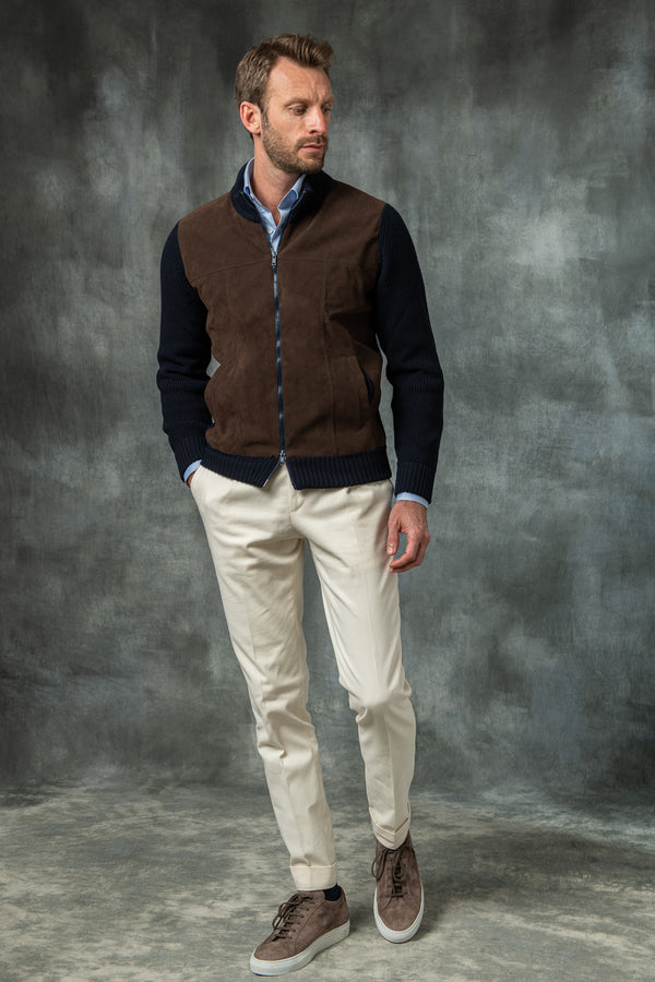 Cardigan bleu et marron - Alcantara & laine - Made in Italy