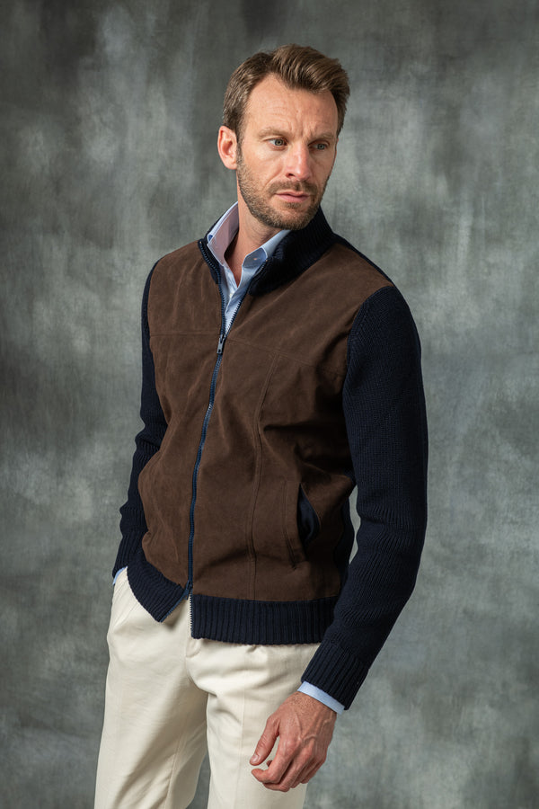 Cardigan bleu et marron - Alcantara & laine - Made in Italy