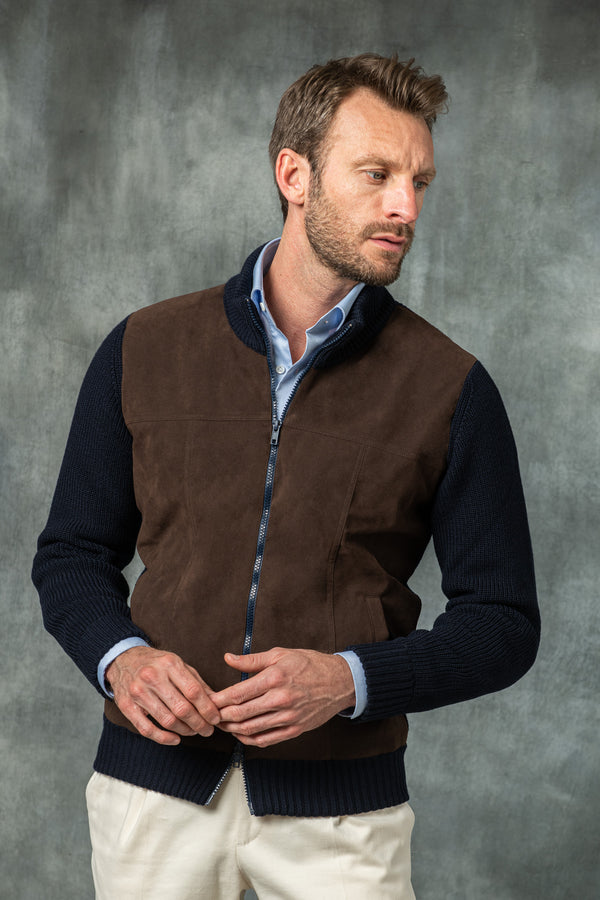 Cardigan bleu et marron - Alcantara & laine - Made in Italy