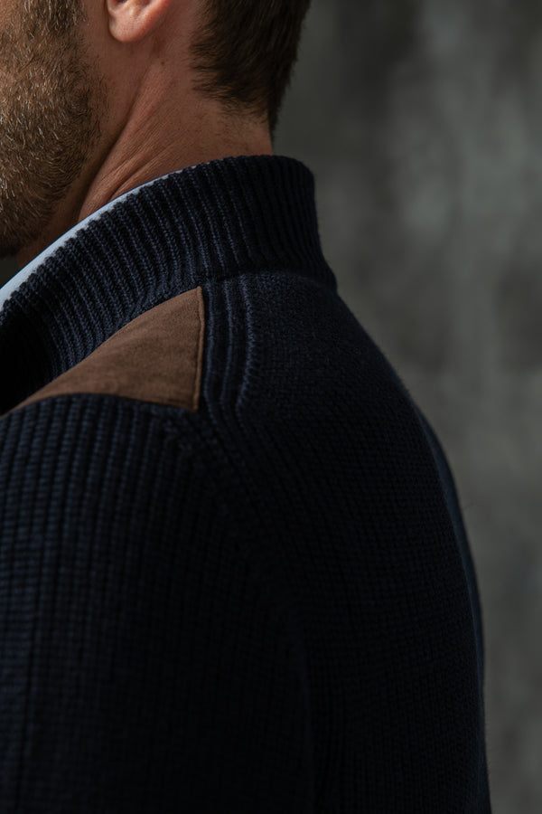 Blue and brown cardigan - Alcantara & wool - Made in Italy