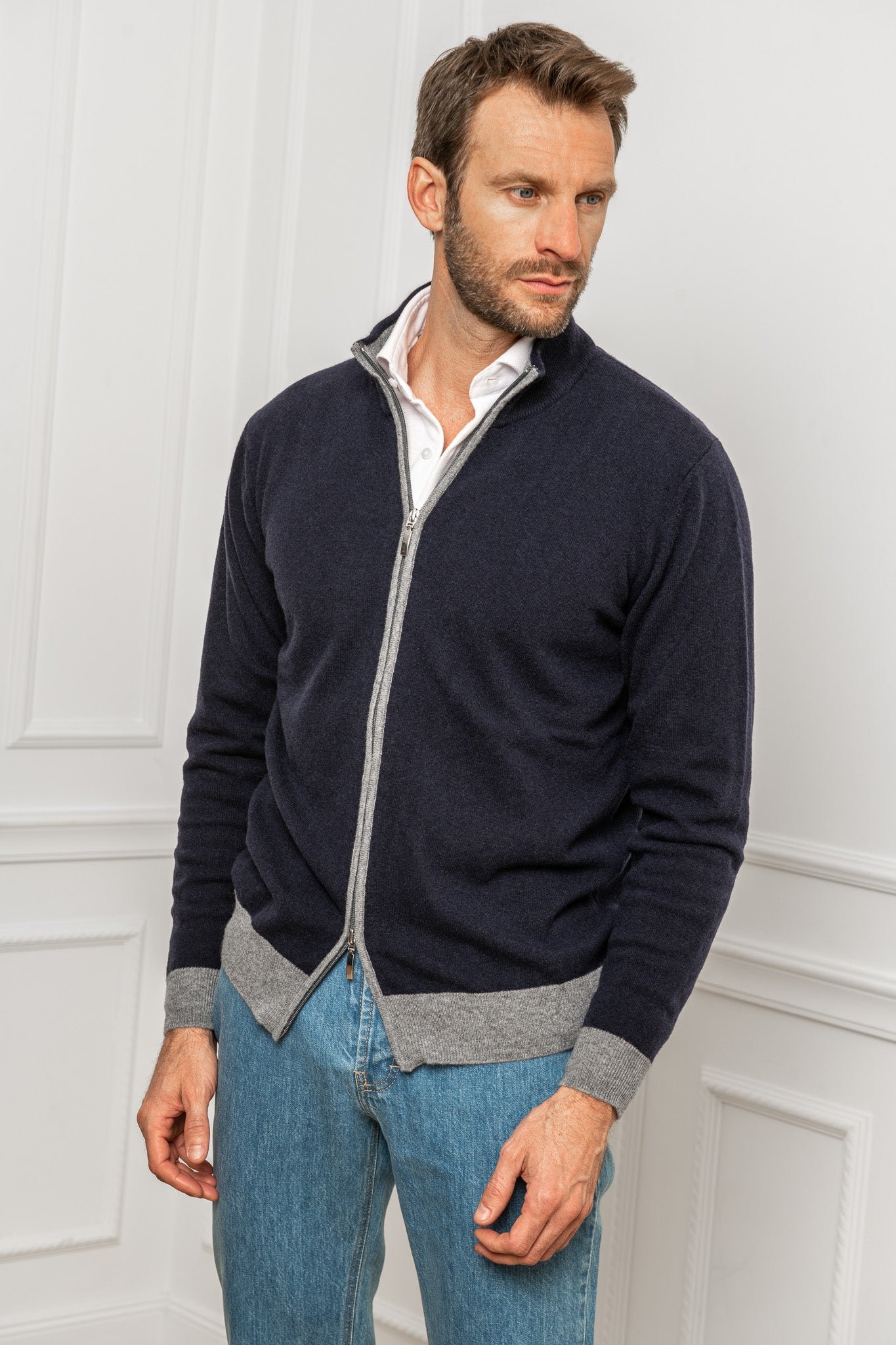 Blue and grey full zip cardigan | Made in Italy | Pini Parma