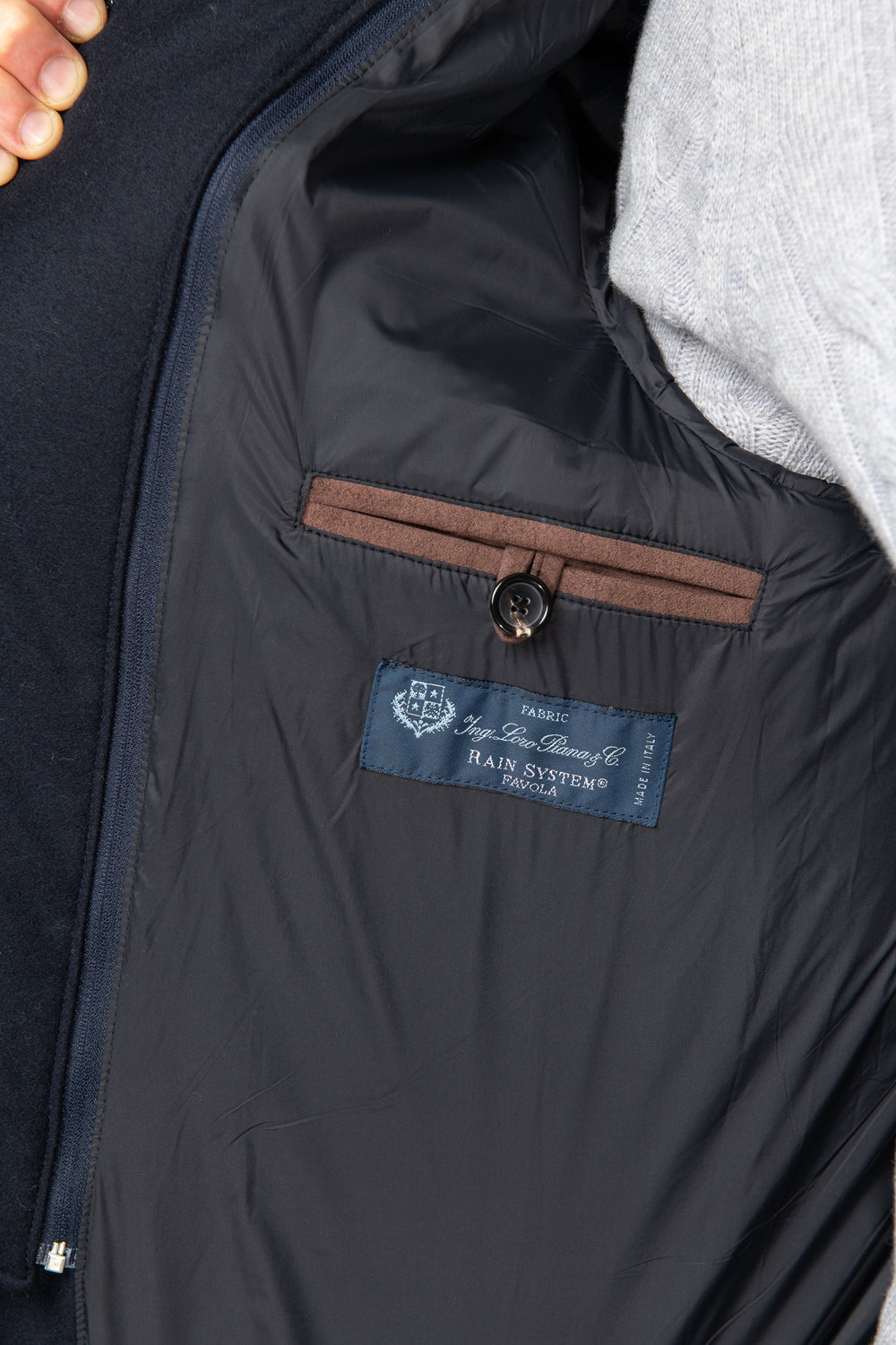 Blue down jacket in Loro Piana wool & cashmere with Rain System®– Made in Italy