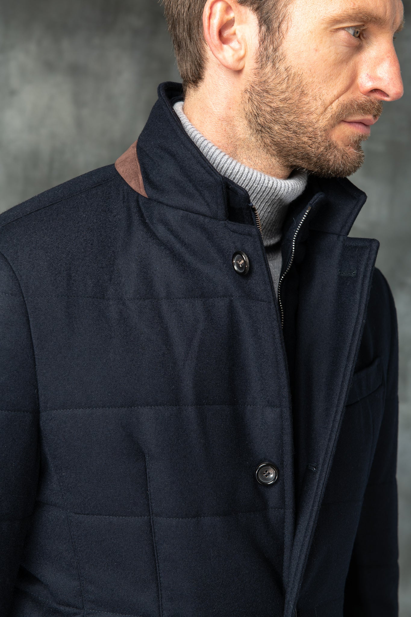 Blue down jacket in Loro Piana wool with Rain System® | Made in