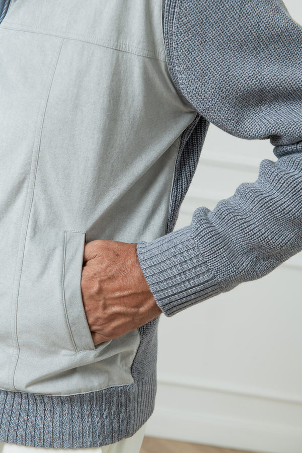 Grey and light grey cardigan - Alcantara & wool - Made in Italy