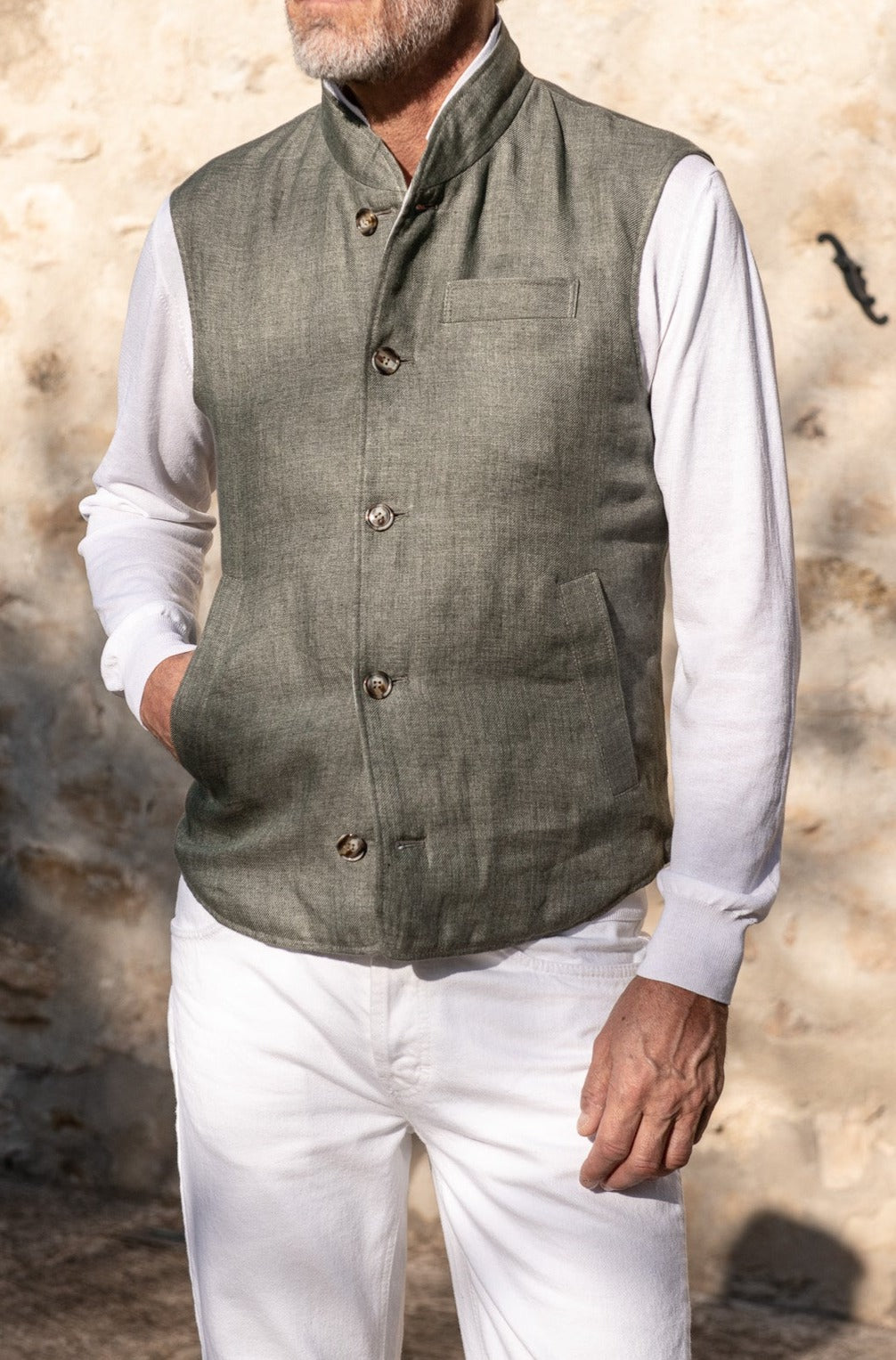 Sage linen down vest, Made in Italy